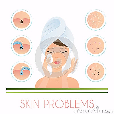 Girl cleaning and care her face. Skin problems solution, home re Vector Illustration