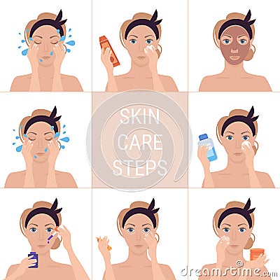 Girl cleaning removing make up washing care her face steps of facial treatment procedures skincare Vector Illustration