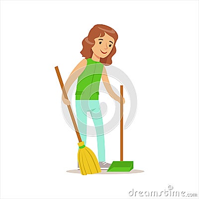 Girl Cleaning Up With Broom And Duster Helping In Eco-Friendly Gardening Outdoors Part Of Kids And Nature Series Vector Illustration