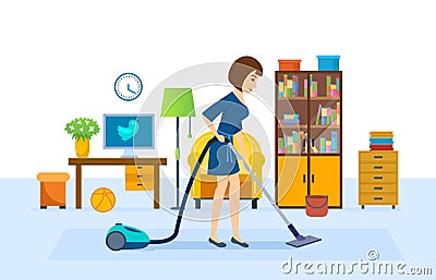 Girl is cleaning, vacuuming in the room, putting in order Vector Illustration