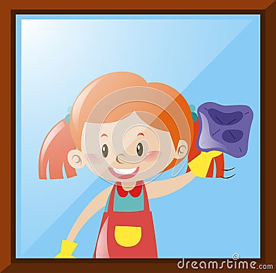 Girl cleaning window with cloth Vector Illustration