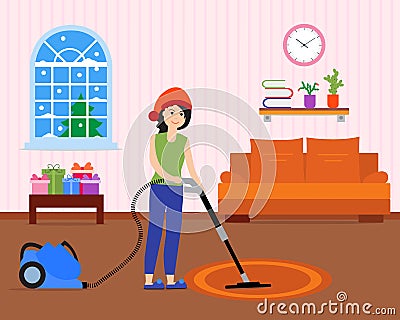 Girl cleans, decorates room for Christmas New Year Vector Illustration