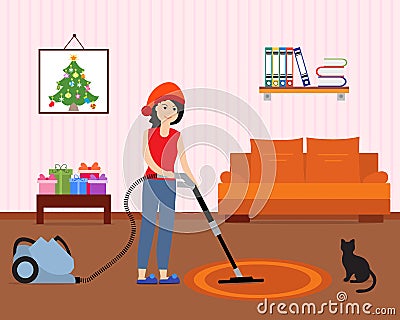 Girl cleans, decorates room for Christmas New Year Vector Illustration