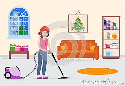 Girl cleans, decorates room for Christmas New Year Vector Illustration