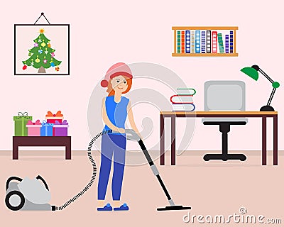 Girl cleans, decorates room for Christmas New Year Vector Illustration