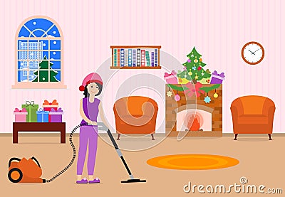 Girl cleans, decorates room for Christmas New Year Vector Illustration