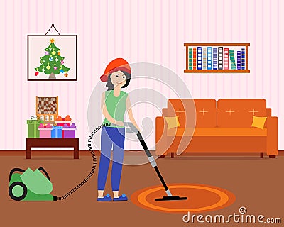 Girl cleans, decorates room for Christmas New Year Vector Illustration