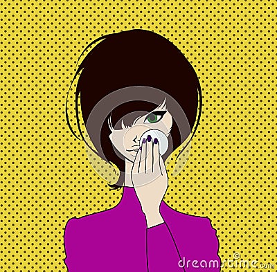 Girl cleans her face with cosmetic lotion, deleting makeup. Vector stock illustration. Vector Illustration