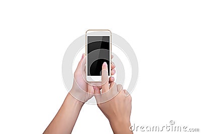 Girl clicks the screen of phone Stock Photo