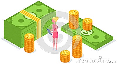 Girl with clipboard counts funds. Businesswoman works with finances. Dollar bills. money and coins Vector Illustration