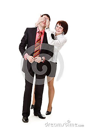 The girl closes her eyes the young, smiling man. Stock Photo