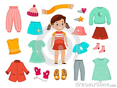 Girl clothes. Childish female fashionable apparel collection, different type of casual wear, color kids dresses, skirts Vector Illustration