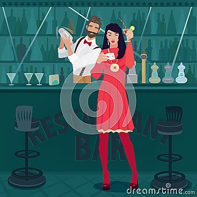 Girl with cocktail making selfie photo at the bar Vector Illustration