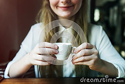 Girl Coffee Caffeine Cheerful Relaxation Cup Mug Concept Stock Photo