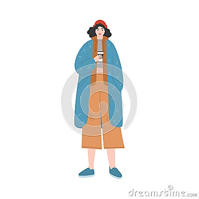 Girl with coffee wearing stylish comfortable coat and pants during autumn Vector Illustration