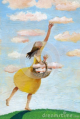 A girl collects clouds in basket Stock Photo