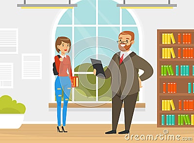 Girl College Student Having Discussion with her Professor in Library, Education and Learning Concept Cartoon Vector Stock Photo