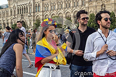 Girl with a Colombian flag and a wreath on her head on Red Square, during the 2018 FIFA World Cup Editorial Stock Photo