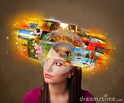 Girl with colorful glowing photo memories concept Stock Photo