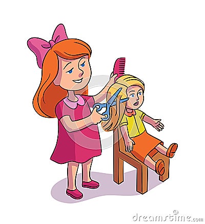 Girl combing cutting doll hair isolated on white Vector Illustration
