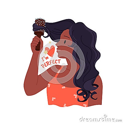 Girl combing wavy curly hair, inspirational text I am perfect, beauty modern sticker Vector Illustration