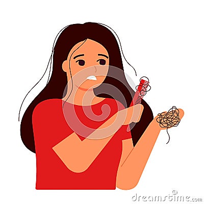 Girl combs her hair, hair on comb, fall. Hair loss, baldness, alopecia concept. Woman s thin hair is associated with problem, Vector Illustration