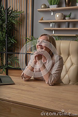 The girl at the computer business lady, the concept of a torgitologist gender equality job shopping freelance desktop Stock Photo