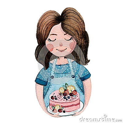 Girl with a cake, watercolor Cartoon Illustration