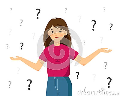 Girl confused with question mark isolated on a white background. Woman have a problem. Girl shrugs Vector Illustration