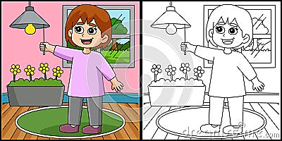 Girl Conserving Energy Coloring Page Illustration Vector Illustration