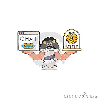 Girl conversing with AI via handheld device, illustrated vector. Vector Illustration