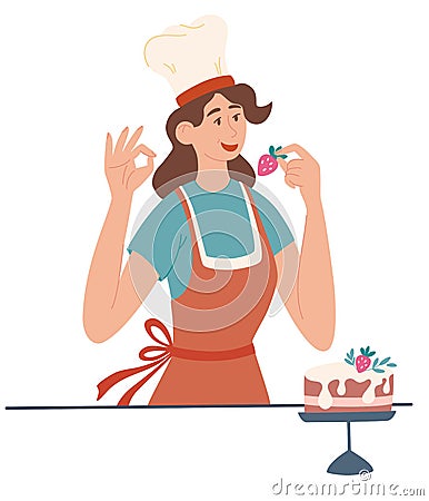 Girl cook. Female cook, baker and pastry chef. Beautiful girl cooks a delicious cake with strawberries. Perfect for printing, Vector Illustration