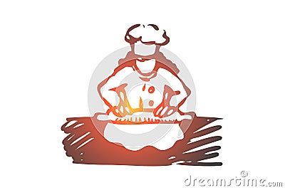 Girl, cook, roll, dough, food concept. Hand drawn isolated vector. Vector Illustration