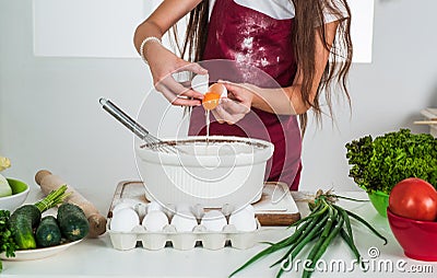 girl cooking in kitchen. We hate vegetables. choosing future career. ready to eat. organic food only Stock Photo