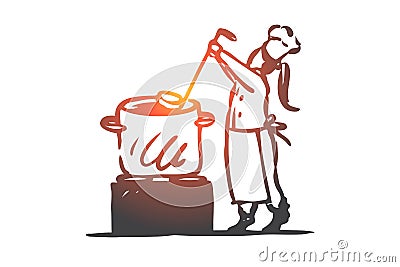 Girl, cooking, soup, pan, chef concept. Hand drawn isolated vector. Vector Illustration