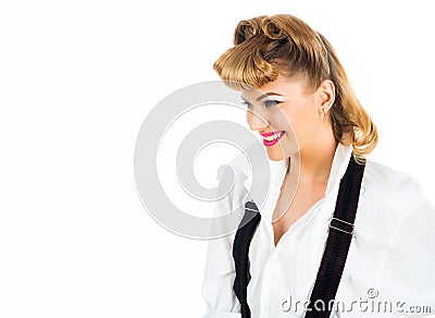 Girl and copy space. A young girl looks away. Model for advertising. Happy woman on a white background. Blonde with Stock Photo
