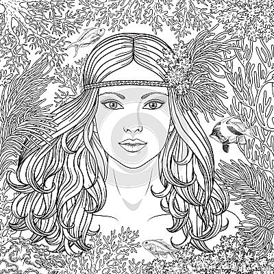 Girl among the corals coloring page Vector Illustration