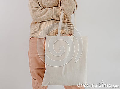 Girl with cotton linen eco bag mockup Stock Photo