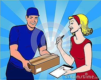 Girl and courier parcel Stock Photo