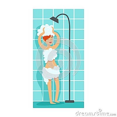 Girl Covered In Foam Taking Shower, Part Of People In The Bathroom Doing Their Routine Hygiene Procedures Series Vector Illustration