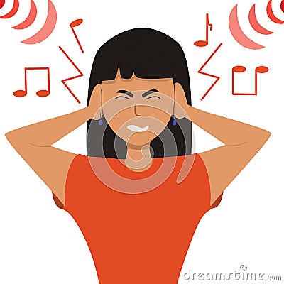 The girl covered her ears with her hands from loud music, noise. Vector illustration in flat style Vector Illustration