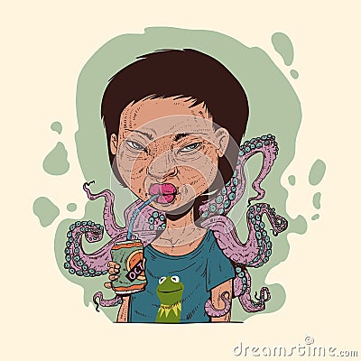 A girl covered by octopus tentacles Vector Illustration