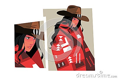 Girl in cowboy hat and colorful clothes Vector Illustration