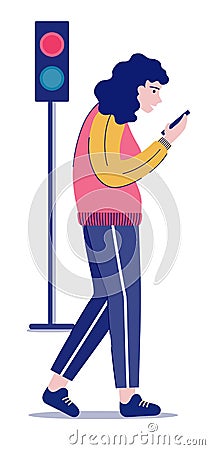 Girl crosses road at red light, checking smartphone. Pedestrian Safety and Internet Addiction - Isolated illustration Vector Illustration