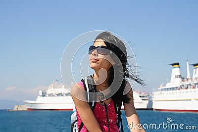 Girl with Cruise Ships Stock Photo