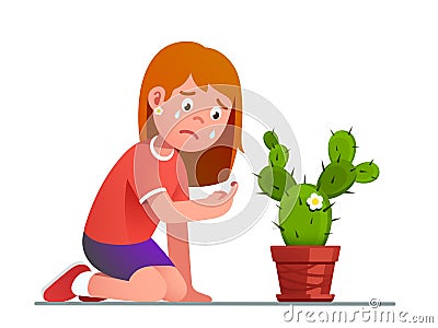 Girl crying over cactus thorn sting pricked finger Vector Illustration