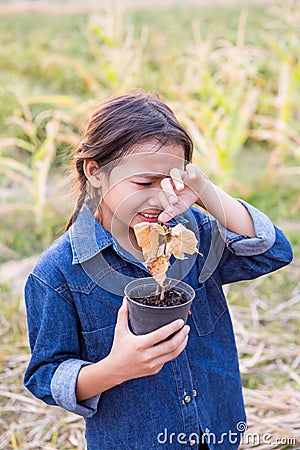 Girl crying over dead tree Stock Photo