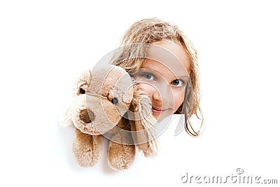 Girl with Cuddly Dog Banner Stock Photo