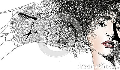 A girl with curly hair is tangled in a spider web in an image about transforming a hairstyle to a new look Cartoon Illustration