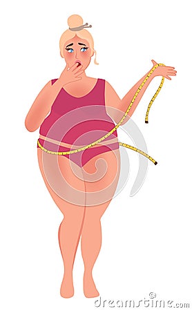 A girl with a curvaceous body measures the waist centimeter. Overweight, obesity, dietetics. Fashion size plus. Vector graphics Vector Illustration